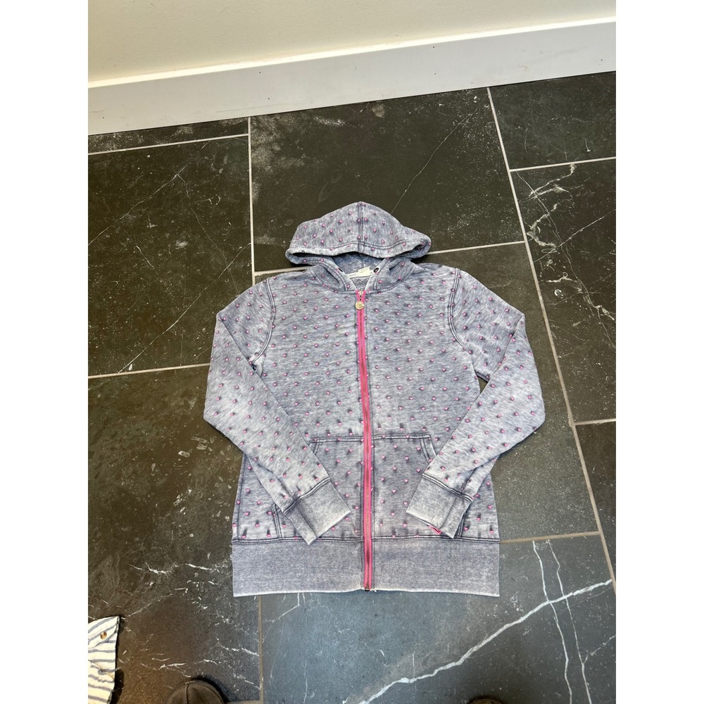 Roxy Womens Acid Wash Gray Pink Heart Print Full Zip Hoodie Sweatshirt Large